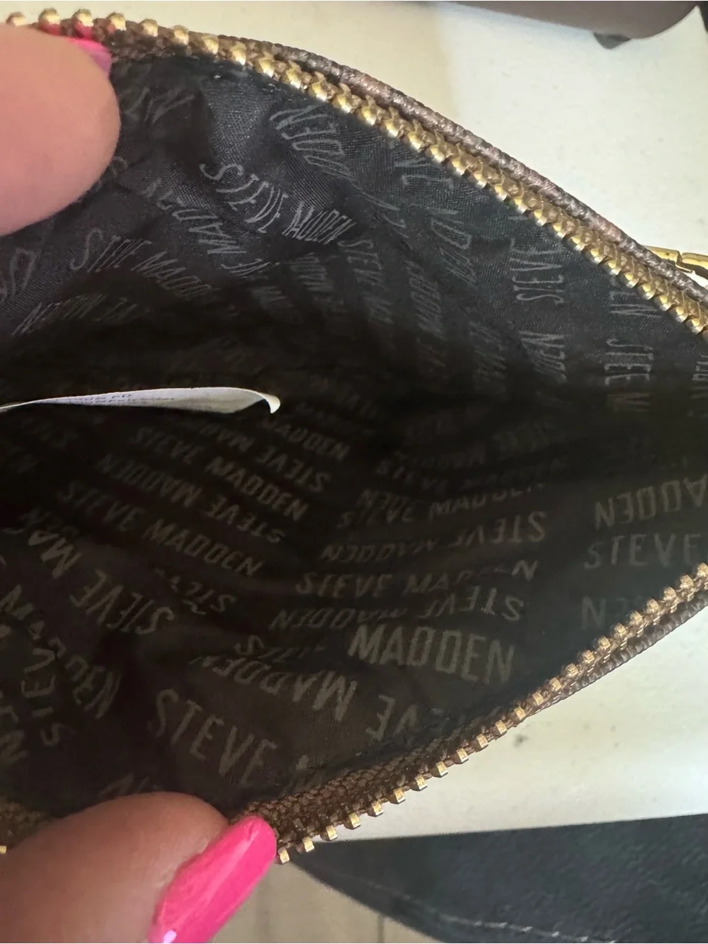 Steve Madden Brown Monogram Wristlet Pouch with Gold Plate